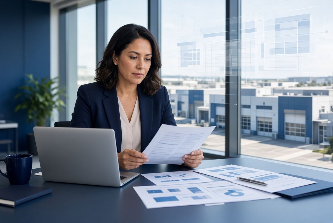 Asset Manager reviewing industrial real estate proposals and portfolio leases
